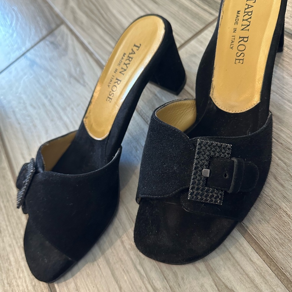 Taryn Rose Black Suede Mules with Buckle